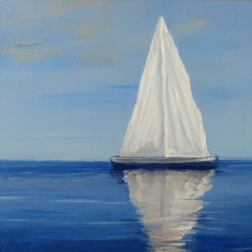 Prompt: white sailboat on a dark blue sea by a port, coherent, oil on canvas, reflection