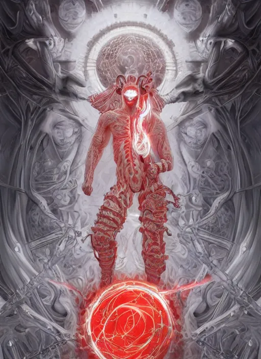 Prompt: cthonic resonance, red and white fractal glowing eyes, genetically augmented pale white young man wreathed in white gold flames, tracing the central nervous system throughout his body, fantasy, extremely detailed, digital painting, artstation, concept art, smooth, sharp focus, illustration, stunning lighting, art by artgerm and greg rutkowski and alphonse mucha and simon stalenhag, realistic character concept, high fantasy, dark atmosphere, golden ratio, cinematic lighting, hyperdetailed, high resolution, insanely detailed and intricate, artstation, Marc Simonetti, Greg Rutkowski, 8k