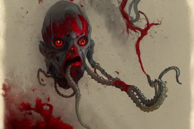 Image similar to painting by greg rutkowski of a floating human head and face that is chalk white in color, with tentacles coming downwards of the neck, red eyes, flying in a terrying hell like cavernous place