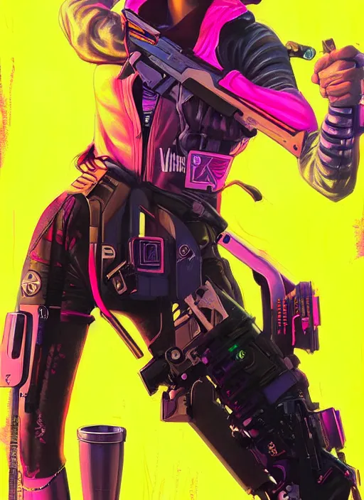 Prompt: beautiful cyberpunk female athlete wearing pink jumpsuit and yellow jacket. firing a futuristic red belt fed automatic pistol. ad poster for pistol. cyberpunk poster by james gurney, azamat khairov, and alphonso mucha. artstationhq. gorgeous face. painting with vivid color, cell shading. ( rb 6 s, cyberpunk 2 0 7 7 )