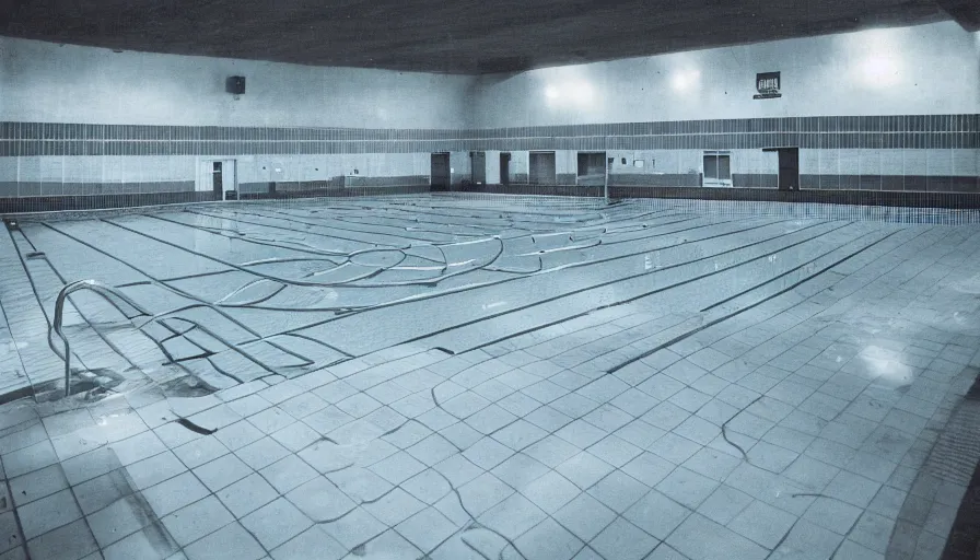 Image similar to 1 9 6 0 s movie still of an empty blue and yellow tiles municipal swimmingpool, security cam footage, liminal space style