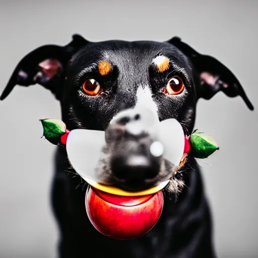 Image similar to a dog holding an apple in its mouth, 8 k, 4 k, professional photography, award winning photo