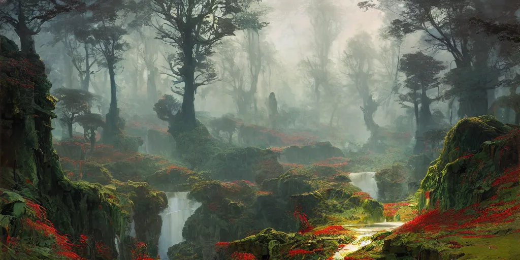 Image similar to beautiful landscape metal forests trees made of metal mountains rivers red and green leaves many layers waterfalls villages castles, buildings artstation illustration sharp focus sunlit vista painted by ruan jia raymond swanland lawrence alma tadema zdzislaw beksinski norman rockwell tom lovell alex malveda greg staples