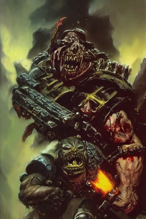 Prompt: a gruesome portrait of an Ork from Warhammer 40k, scifi art by Frank Frazetta and Boris Vallejo, highly detailed, trending on artstationhq