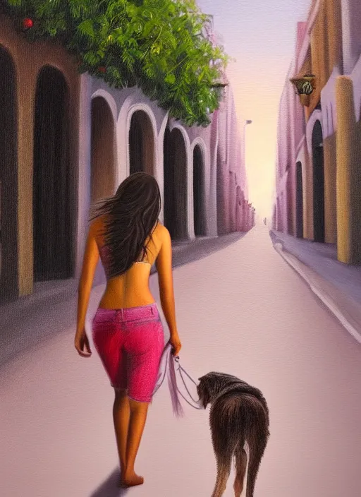 Image similar to young beautiful brown woman walking with her dog on Paseo Montejo in Merida Mexico at night with a full moon, illustration, photoreal, fantasy, trending. masterpiece work of art . oil on canvas. Digitally painted. Realistic. 3D. 8k. UHD.