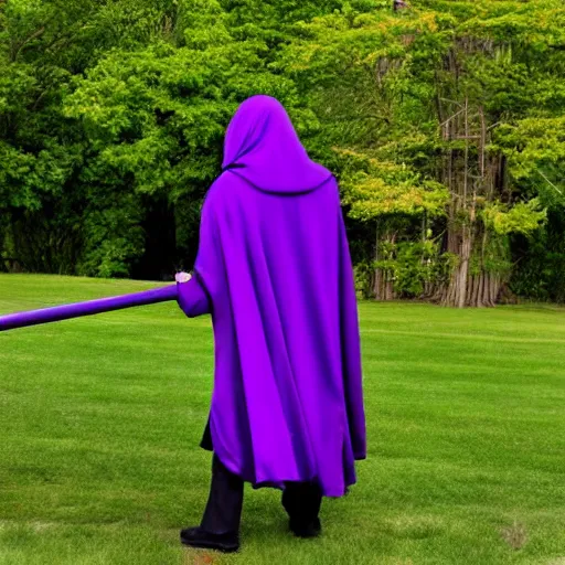 Image similar to grim reaper, purple cloak, full body, scythe