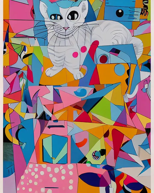 Image similar to white cat in an Amazon box, design in the style of Alex Yanes and John Kricfalusi and Damien Hirst, muted pastel neon color surrealist cubist, tense design, detailed painting, spray art, spatter, collage, isolated on white, juxtapoz magazine, cartoon brew, golden ratio, rule of thirds