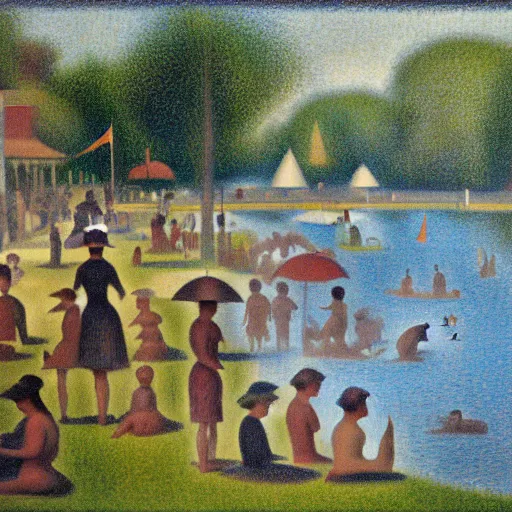 Prompt: summer, zoo, victorian, lake, group, people, beautiful, Georges Seurat