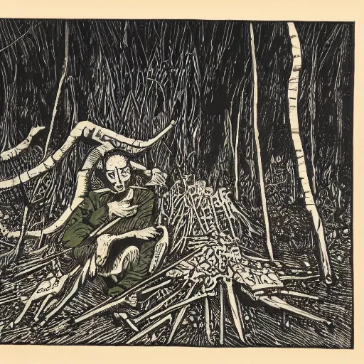 Image similar to the devil sits near a pile of bones in the edge of the woods. Woodblock print. Highly detailed.