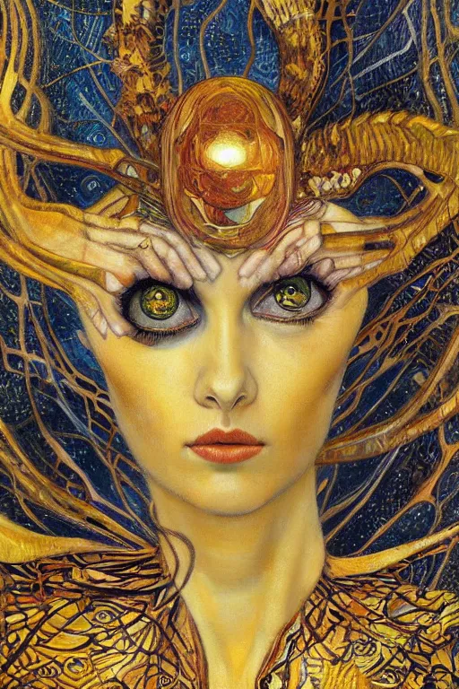 Prompt: Metamorphosis by Karol Bak, Jean Deville, Gustav Klimt, and Vincent Van Gogh, transformation portrait, chimera, visionary, cicada wings, otherworldly, fractal structures, ornate gilded medieval icon, third eye, dynamic, hybrid, fusion, change, spirals