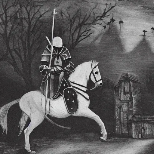 Image similar to mounted knight entering a spooky village