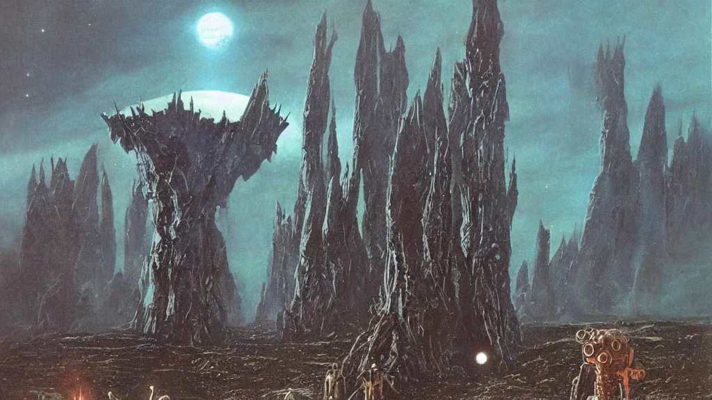 Image similar to eerie atmospheric alien planet with a spikey organic rocketship by jack gaughan and bob eggleton and chris moore, epic cinematic matte painting