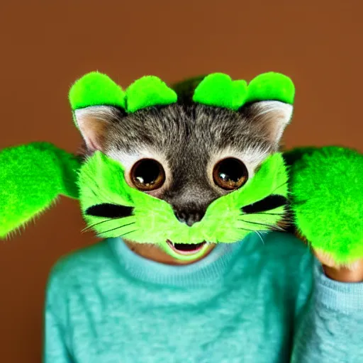 Image similar to photo of a cute green creature with a cat face and a caterpillar body