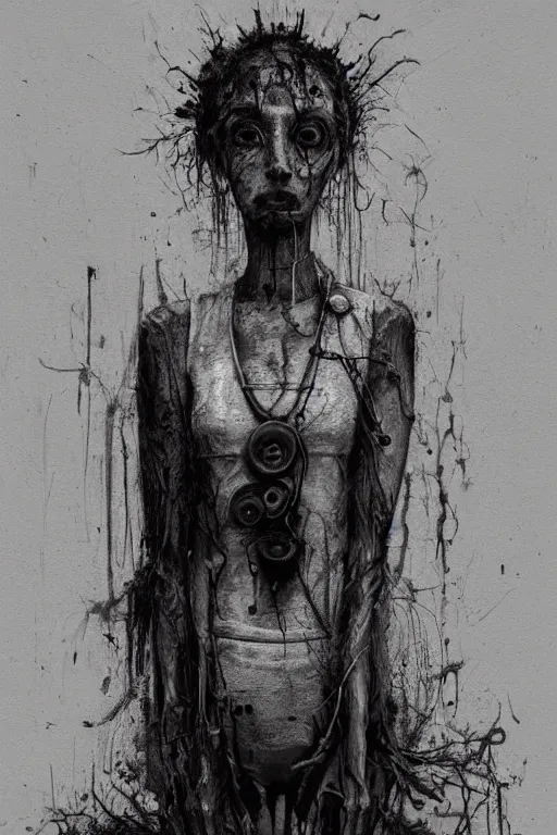 Image similar to charcoal cartoon grunge portrait of a creepy horror nurse girl . intricate abstract. intricate artwork. nightmare fuel. terrifying. by zdzisław Beksiński, wlop, dan mumford , trending on artstation, greg rutkowski very coherent symmetrical artwork. cinematic, hyper realism, high detail, octane render, 8k