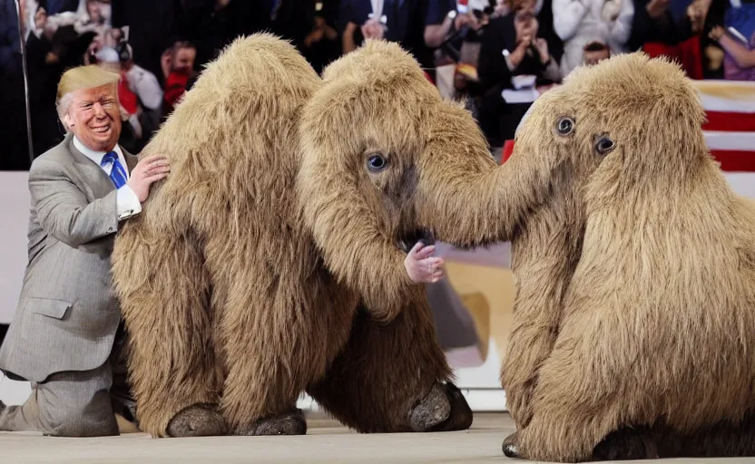 Image similar to Donald Trump in a baby mammoth costume , with an open face