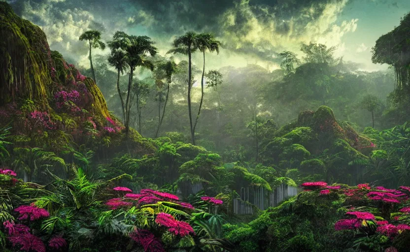 Image similar to a beautiful render of a dark prehistoric rainforest in a humongous cave lush flora patches of sky magenta flowers sunset floating mount