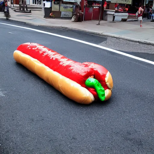 Prompt: giant hotdog laying in the street