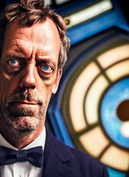 Prompt: dslr photo portrait still of hugh laurie as doctor who in front of a nebula through the open door of the tardis, 8 k, 8 5 mm f 1. 4