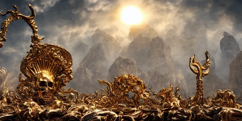 Image similar to white bird skulls, gold ram skulls, copper goat skulls, grand imposing powerful sculpture. swirls of mist. sunrise, light beams. occult photorealism, uhd, amazing depth, volumetric lighting, cinematic lighting. epic landscape.