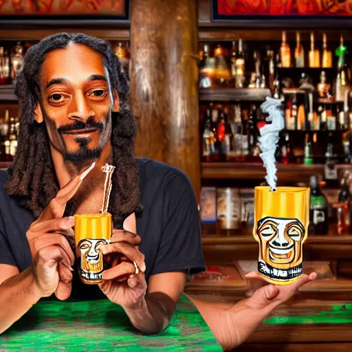 Image similar to a closeup photorealistic photograph of happy blunt smoking snoop dogg at trader vic's bar holding up a trader vic's style tiki mug featuring snoop dogg's face. tiki culture. bright scene. 4 k hd image that's trending on artstation, featured on behance, well rendered, extra crisp, features epic composition and the style of unreal engine.