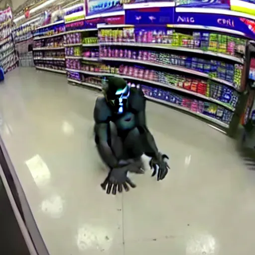 Image similar to cctv footage of gorilla in walmart, high angle security camera feed,