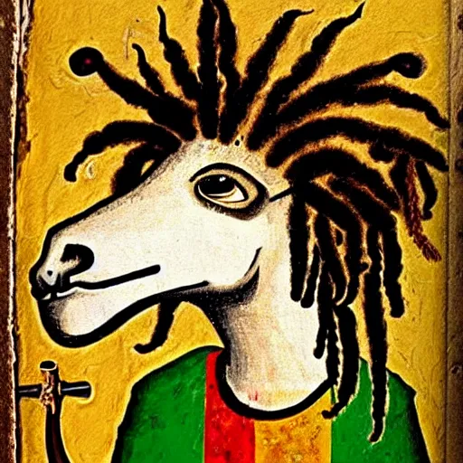 Prompt: a funny medieval wall painting of a rastafarian sheep with dreadlocks, highly detailed, trending on artstation