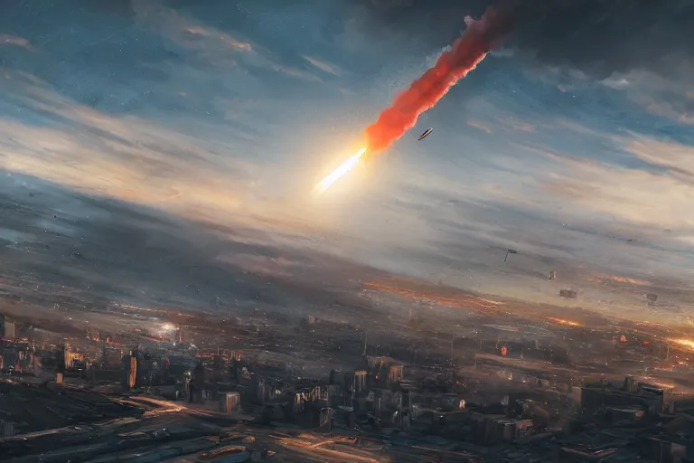 Image similar to an intercontinental ballistic missile exploding mid - air above a huge town, concept art, digital painting, trending on artstation, deviantart, highly detailed, perfect composition, dramatic lighting, sharp focus, 8 k uhd