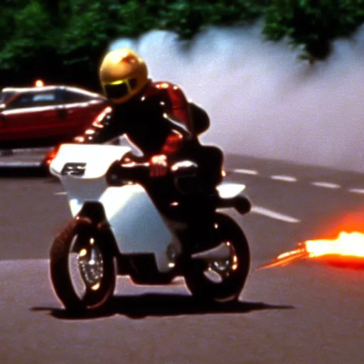 Image similar to film still from the 1995 movie 'Escape from Nerd Land'. Exciting action scene of a motorcycle and explosions. Sigma 85mm f/2.4