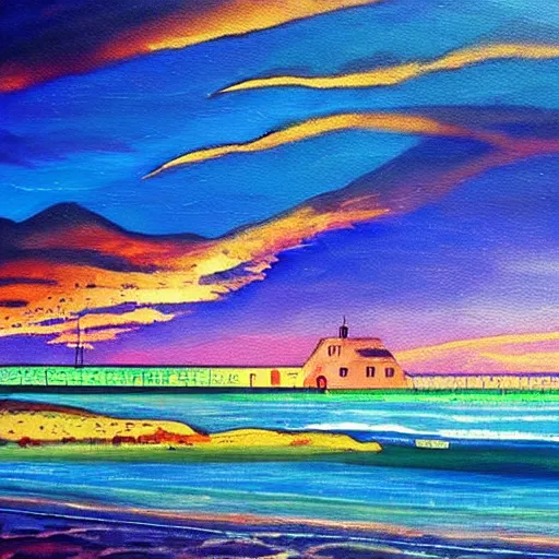 Image similar to a painting of a landscape panorama of a cozy seaside village with a menacing lightning storm on the ocean horizon, vivid colors, by anthony micallef by camille rose garcia,