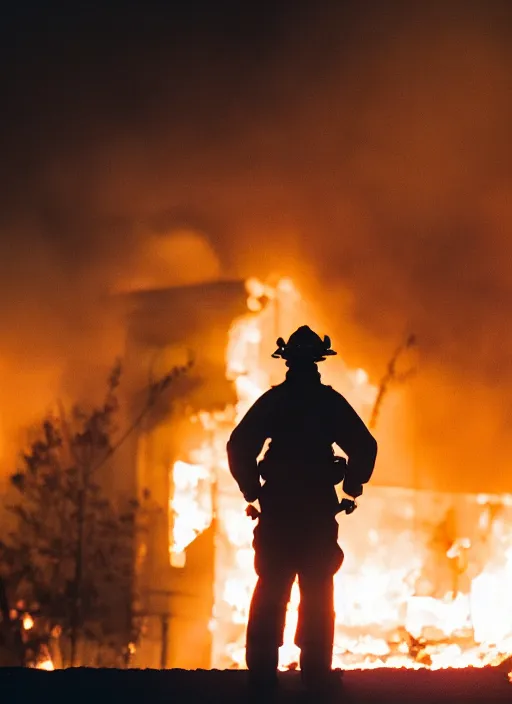 Image similar to a 3 5 mm photo from the back of a firefighter standing in front of a burning building, bokeh, canon 5 0 mm, cinematic lighting, film, photography, depth of field, award - winning