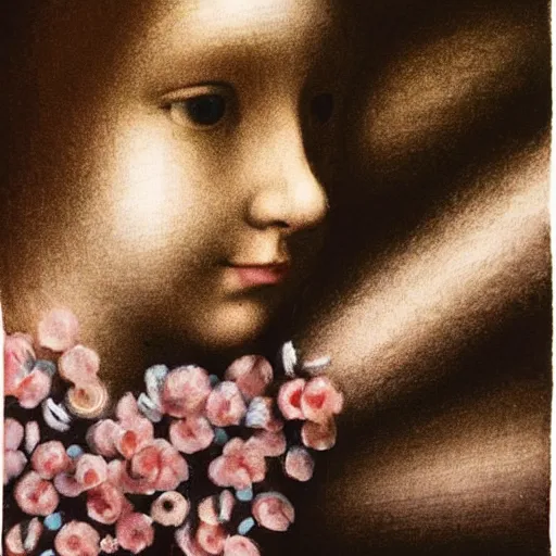 Image similar to close up of a beautiful girl morphing into a pattern of flowers, dirt watercolor by gottfried helnwein, by hammershøi, art noveau, highly detailed, lights by edward hopper, liminal, eerie, pastel colors, limited palette