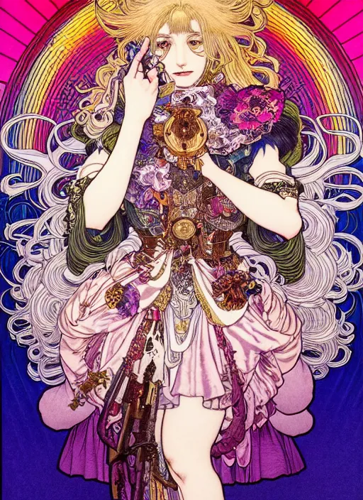 Image similar to highly detailed terada katsuya artstation ayami kojima manga poster of princess mechine, rainbow gradient reflection, long hair, armor, dress, laces, ruffles, 8 k, maximalist,, jump comics, tomer hanuka, alphonse mucha