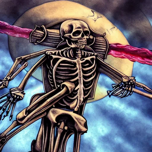 Image similar to a detailed portrait of a skeleton riding a missile, blue eyes, art illustration, incredibly highly detailed and realistic, 8 k, sharp focus