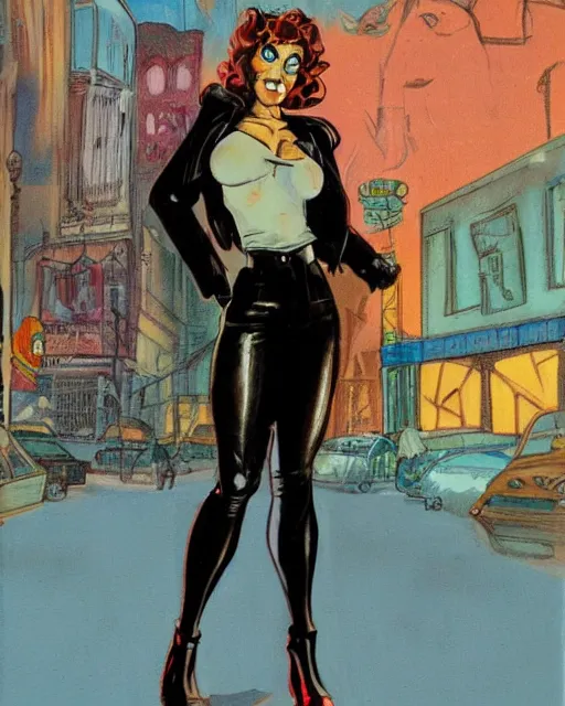 Image similar to young female protagonist in leather jacket, city street, artwork by ralph bakshi