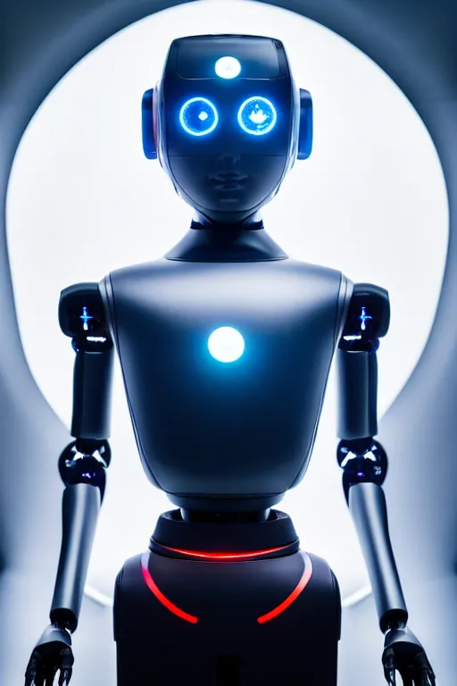 Image similar to futuristic humanoid personal robot designed by porsche, xf iq 4, 1 5 0 mp, 5 0 mm, f / 1. 4, iso 2 0 0, 1 / 1 6 0 s, natural light, octane render, adobe lightroom, rule of thirds, symmetrical balance, depth layering, polarizing filter, sense of depth, ai enhanced