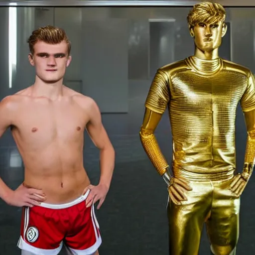 Image similar to a realistic detailed photo of a guy who is an attractive humanoid who is half robot and half humanoid, who is a male android, soccer players martin ødegaard & timo werner, shiny skin, posing like a statue, blank stare, in a museum, on display, showing off his muscles, gold soccer shorts, no jersey, ground view, ceramic statue