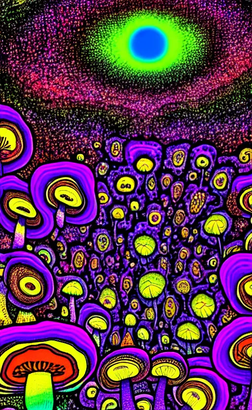 Image similar to looking down at trippy alien world with large psychedelic mushrooms