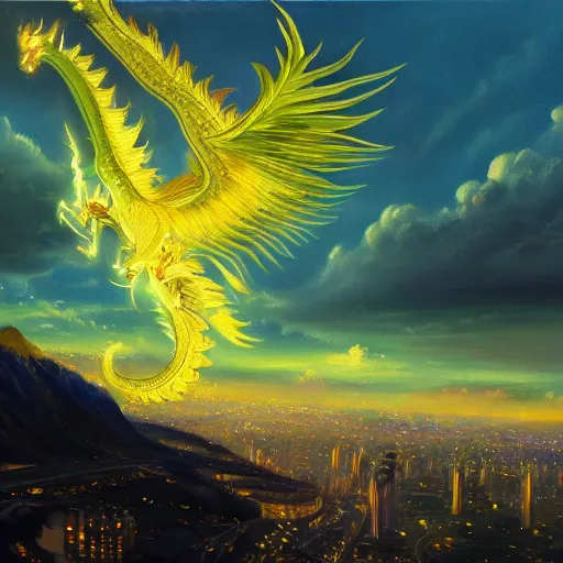 Image similar to beautiful oil painting of golden eastern dragon alone in sky, green lightning, night clouds, above city, high detail, trending in artstation