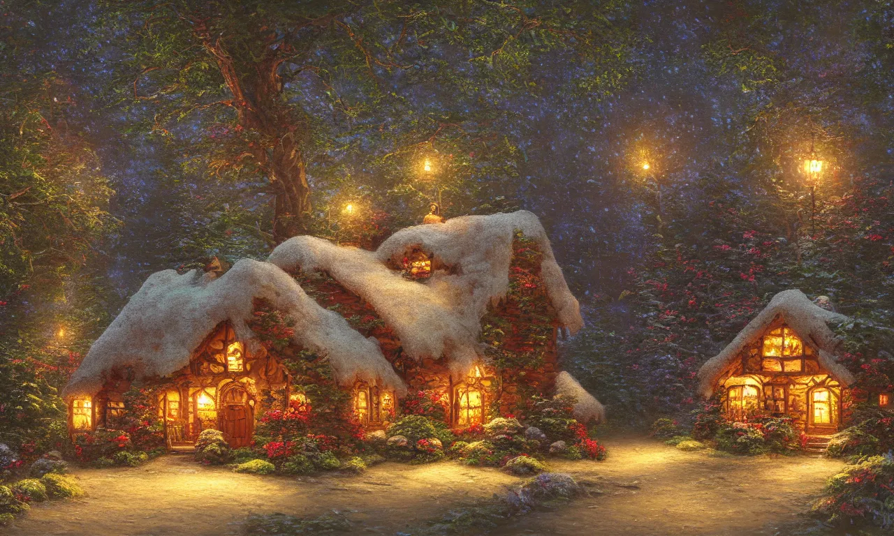 Prompt: ginger bread cottage in a dark forest painted by Thomas Kinkade, highly detailed, digital painting, artstation, concept art, smooth, sharp focus, illustration,