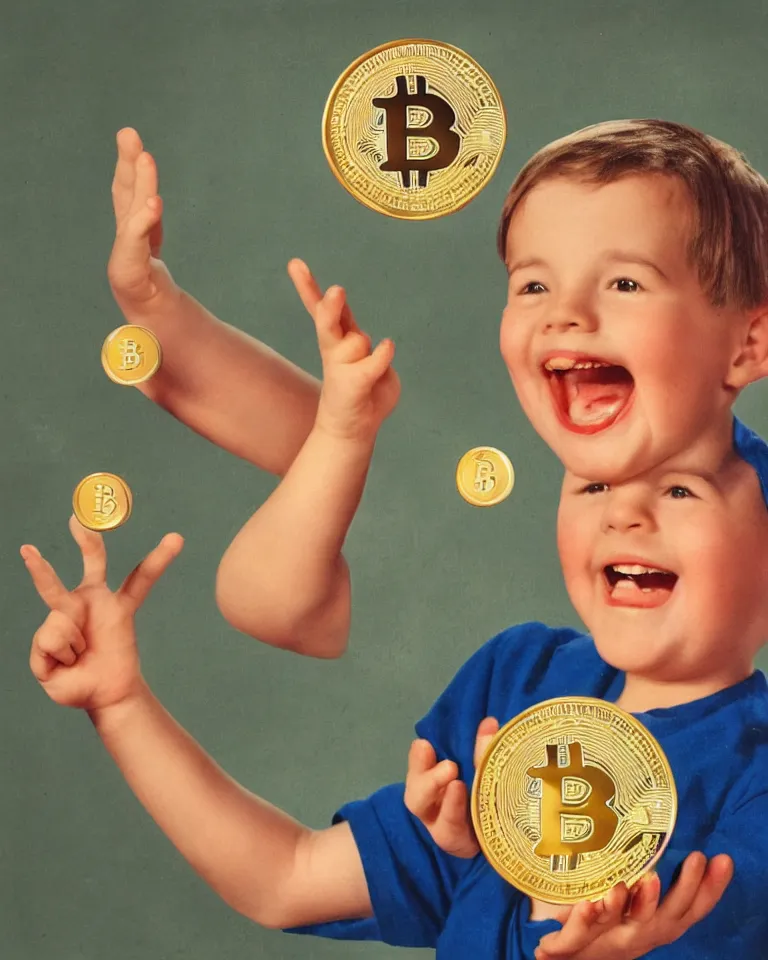 Prompt: 1950s advertisement with a smiling happy toddler boy holding up a coin with the Bitcoin logo using both hands, casual clothing, clear happy smiling face, highly detailed realistic