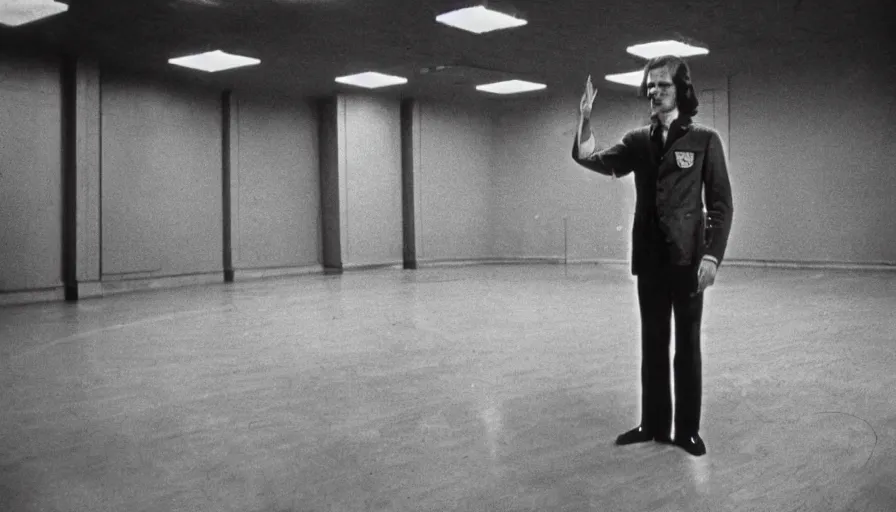 Prompt: 70s movie still of a man with very very long arms in a soviet ballroom, eastmancolor, heavy grain, high quality, higly detailed, liminal space