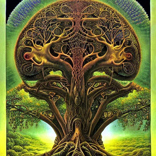 Image similar to sacred ancient ancestral mulberry tree by roger dean and andrew ferez, art forms of nature by ernst haeckel, divine chaos engine, symbolist, visionary, art nouveau, botanical fractal structures, tree of life, lightning, detailed, realistic, surreality