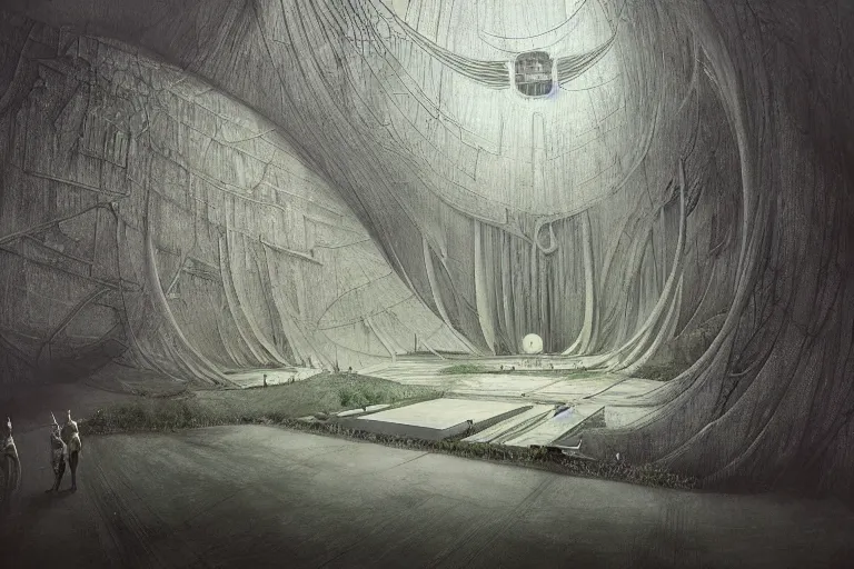 Image similar to Himeji Rivendell Brutalist Opera Hall overlooks the Garden ofEden hallucination, amazing concept painting, by Jessica Rossier by HR giger by Beksinski,