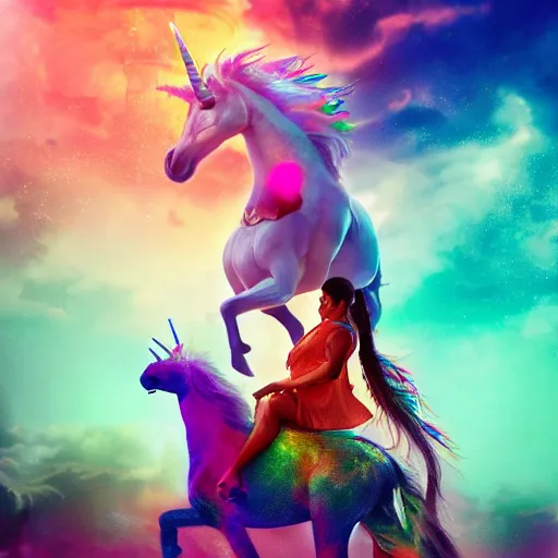 Image similar to full body pose, hyperrealistic photograph of attractive girl riding a rainbow unicorn, dim volumetric lighting, 8 k, octane beautifully detailed render, extremely hyper detailed, intricate, epic composition, cinematic lighting, masterpiece, trending on artstation, very very detailed, stunning, hdr, smooth, sharp focus, high resolution, award, winning photo, dslr, 5 0 mm