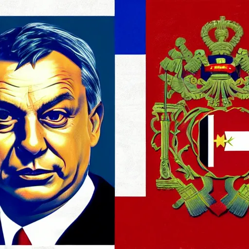 Image similar to portrait of hungarian prime minister viktor orban in uniform, hungary president election, soviet propaganda poster, hungarian flag in the background, colored, artgerm, highly detailed