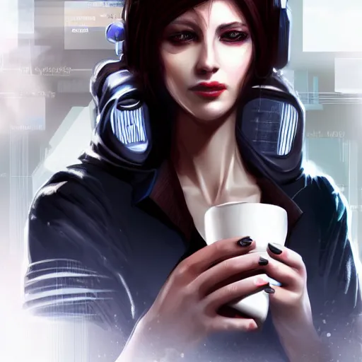 Prompt: portrait of a good-looking female software developer having a cup of coffee. cyberpunk style, digital art artstation cgsociety