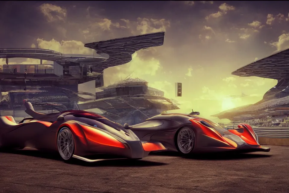 Prompt: Futuristic Hover Car Le Mans Races In Italy Circa Year 10,0000, Hover Vehicles Designed by Syd Mead and Pininfarina, beautiful sunset, photorealistic, hyperrealistic, octane render, HDR, IG Studios Anime Style