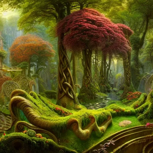 Image similar to a beautiful and highly detailed matte painting of a lush garden in a beautiful forest, carved celtic stone runes, psychedelic colors, intricate details, epic scale, insanely complex, hyperdetailed, artstation, cgsociety, 8 k, sharp focus, hyperrealism, by caspar friedrich, albert bierstadt, james gurney, brian froud,