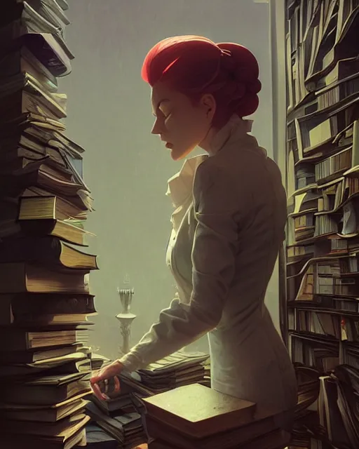 Image similar to highly detailed surreal vfx portrait of a villain in a graveyard of books, stephen bliss, unreal engine, greg rutkowski, loish, rhads, beeple, makoto shinkai and lois van baarle, ilya kuvshinov, rossdraws, tom bagshaw, alphonse mucha, global illumination, detailed and intricate environment