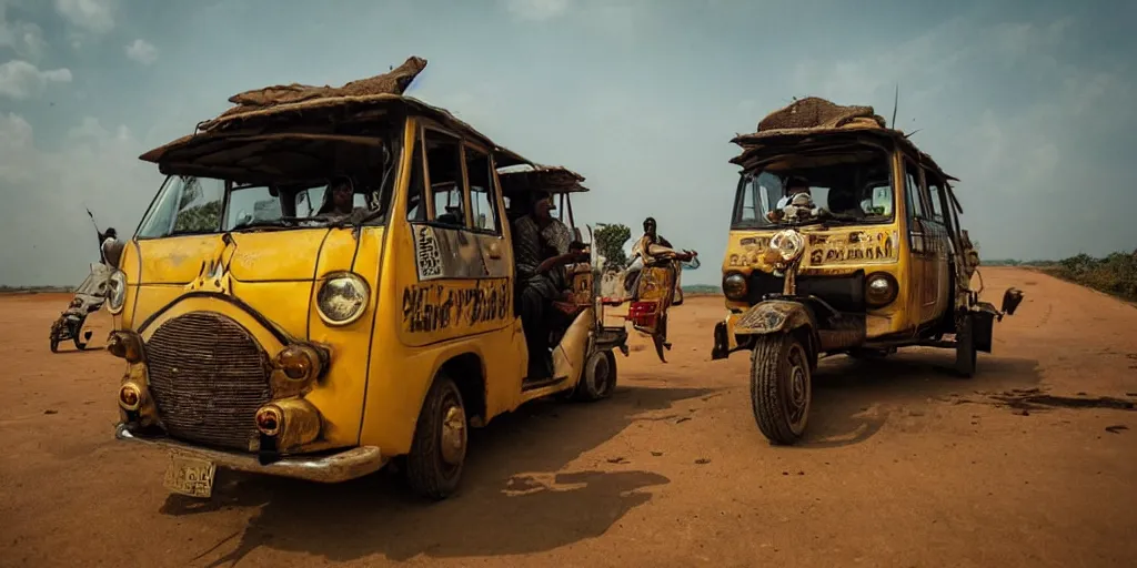 Prompt: sri lankan mad max style, driving a tuk tuk, film still, epic shot cinematography, rule of thirds